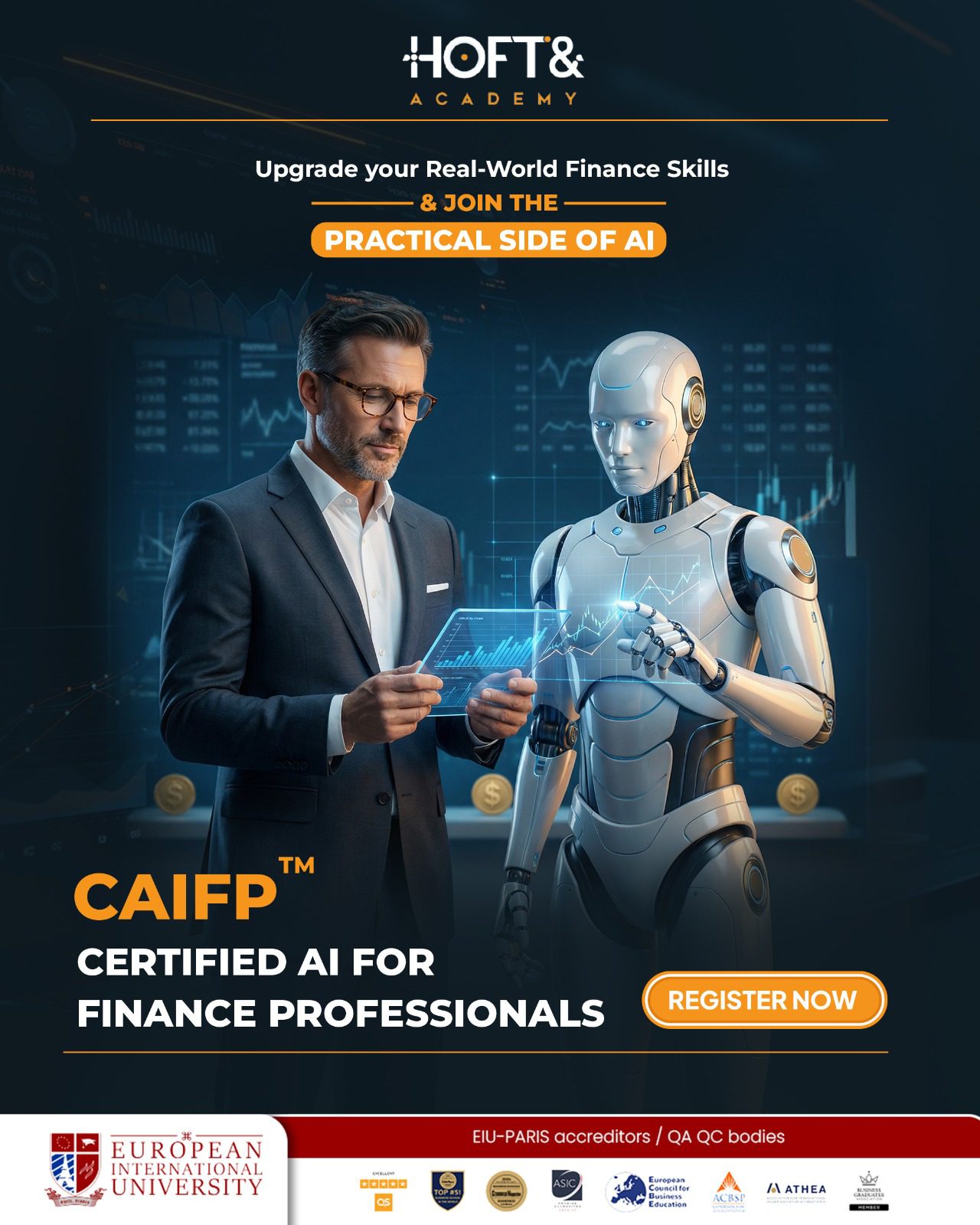 Businessperson in a suit consulting a humanoid robot over a holographic financial display, advertising CAIFP AI for Finance Professionals.",